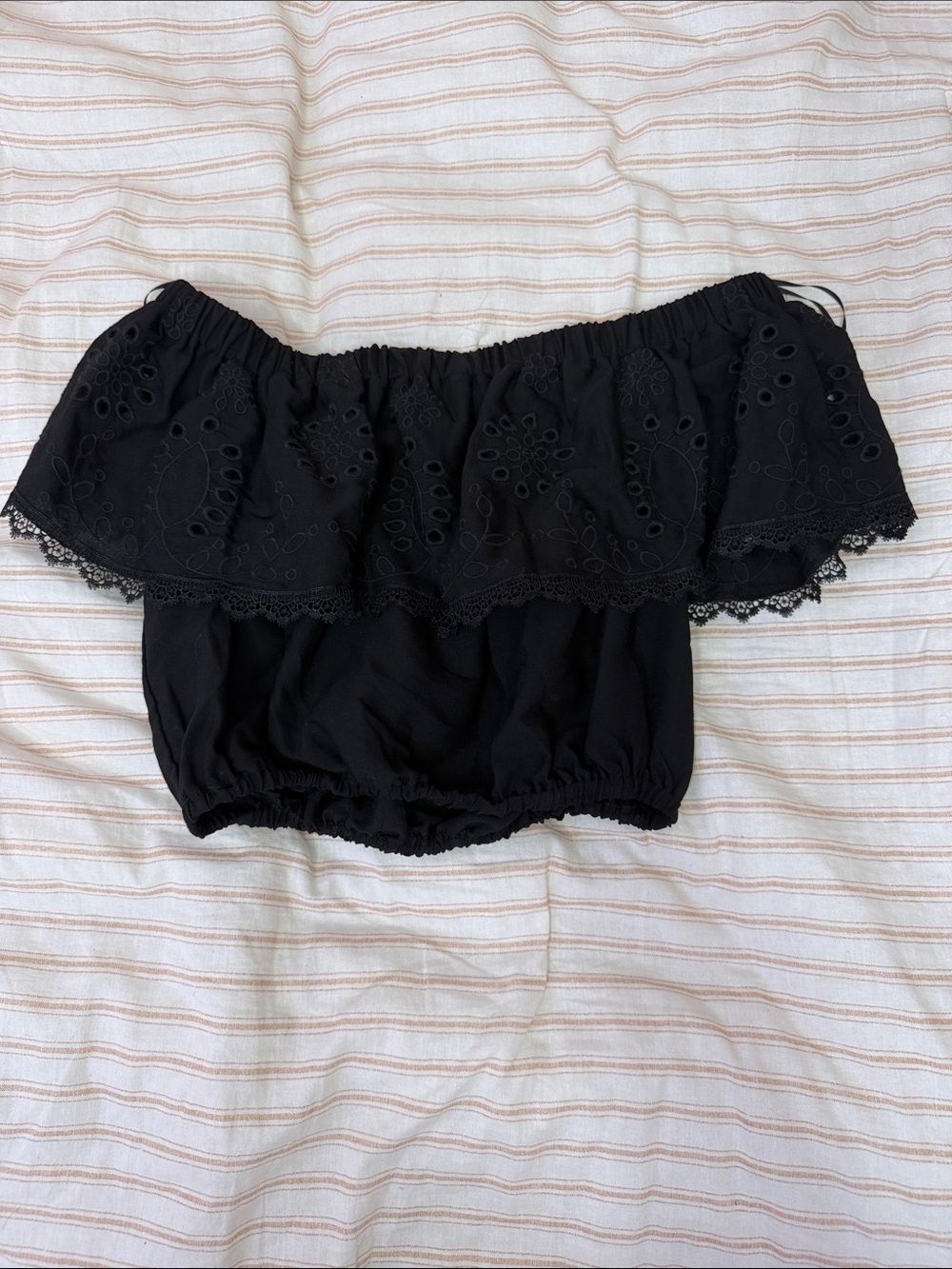 Black Eyelet Off-Shoulder Crop Top